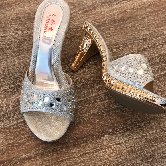 Silver Jewel Sandals with Gold Heel - Picture 2 of 4